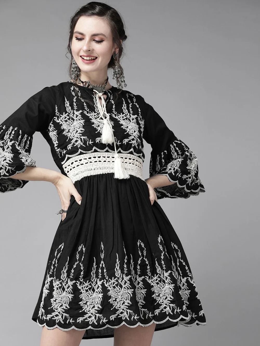 Elegant Black Embroidered Boho Dress