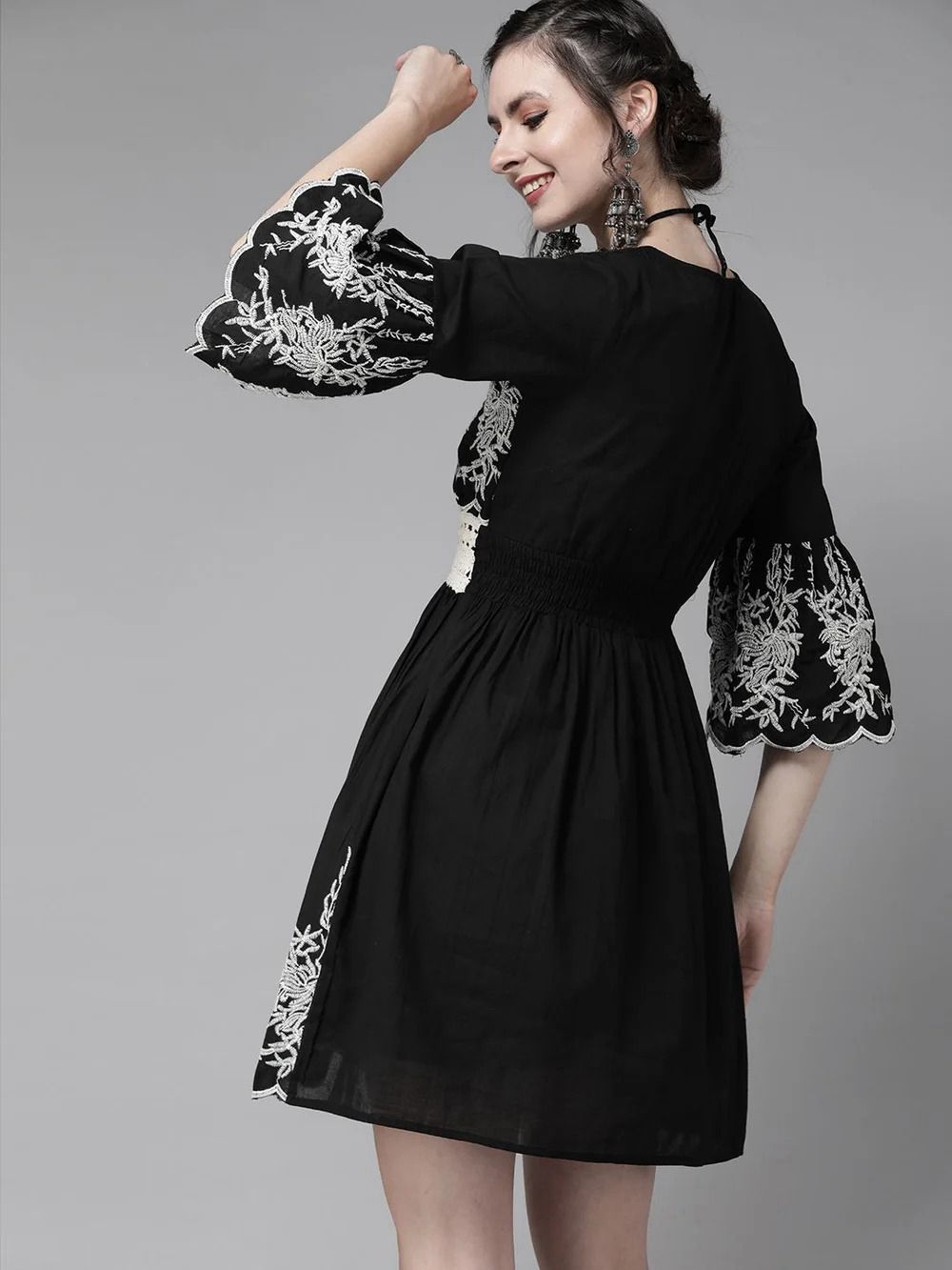 Elegant Black Embroidered Boho Dress
