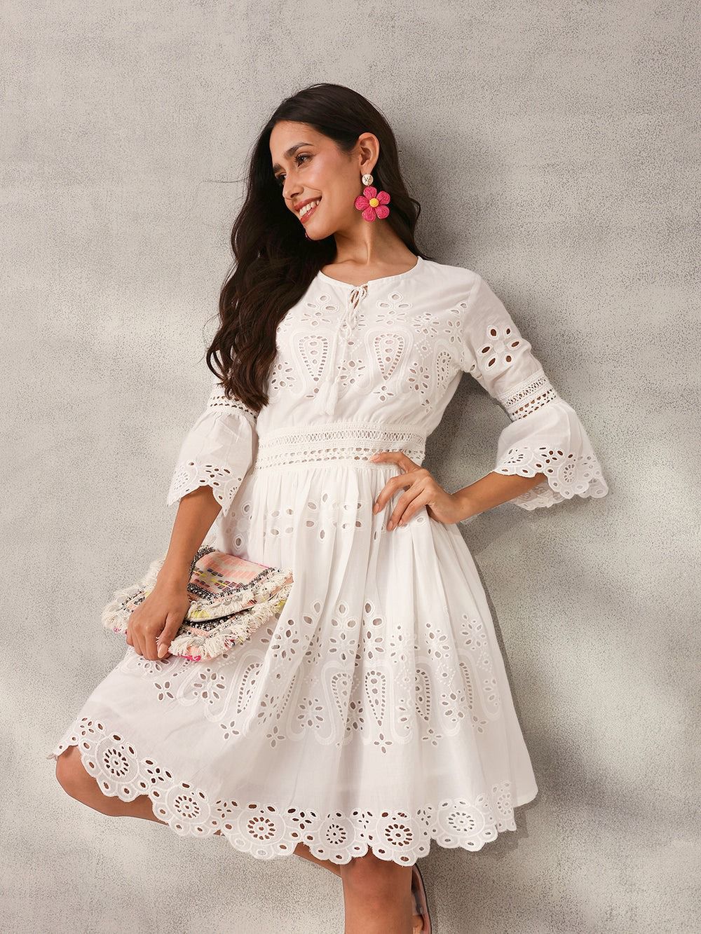 Elegant White Embroidered Cotton Dress