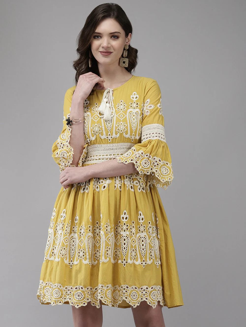 Elegant Mustard Embroidered Dress