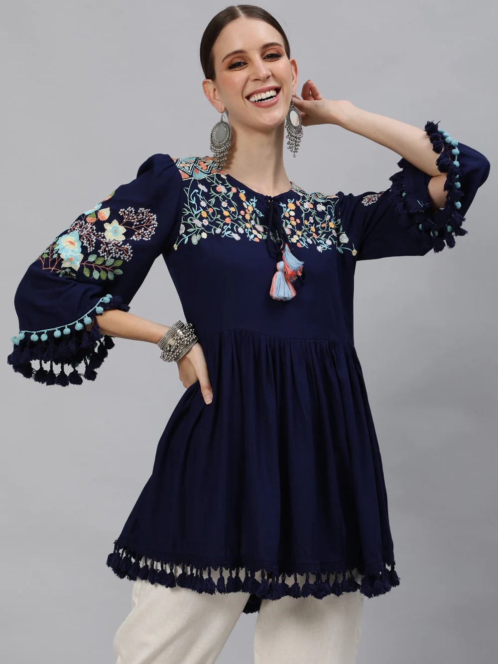 Elegant Navy Blue Embroidered Cotton Top