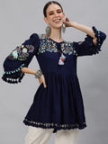 Elegant Navy Blue Embroidered Cotton Top