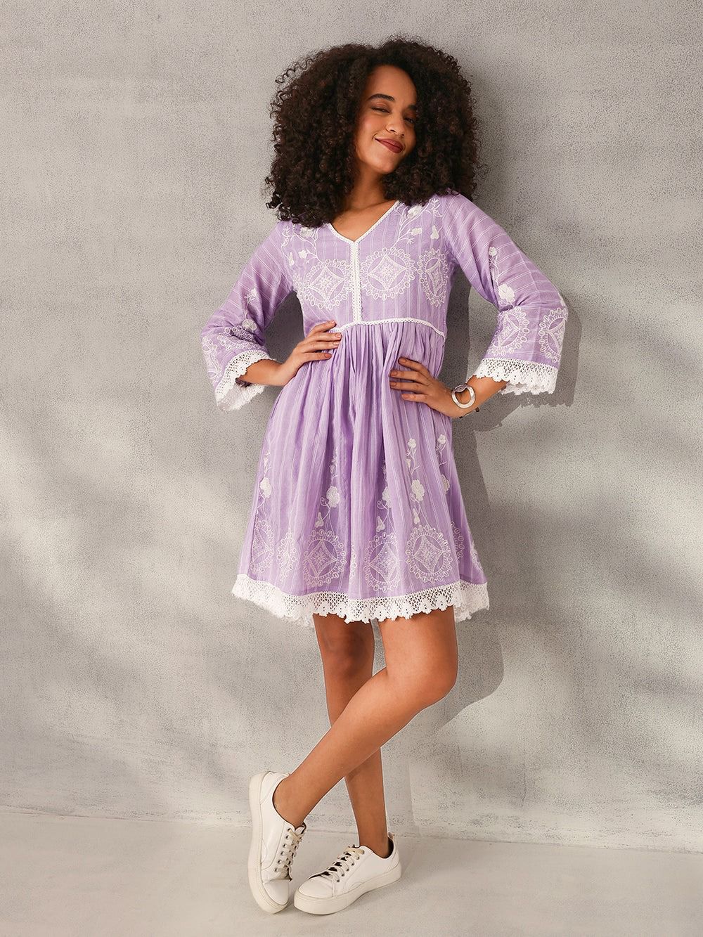 Women's Lavender Embroidered Cotton Dress