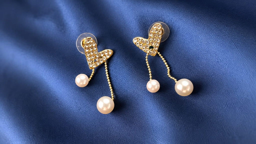 Crystal Heart Pearl Drop Earrings