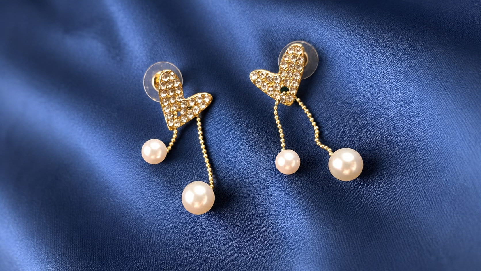 Crystal Heart Pearl Drop Earrings