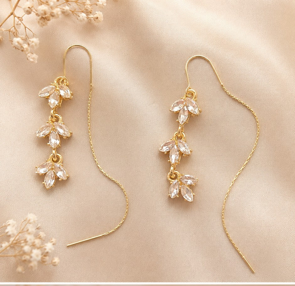 Elegant Crystal Leaf Threader Earrings