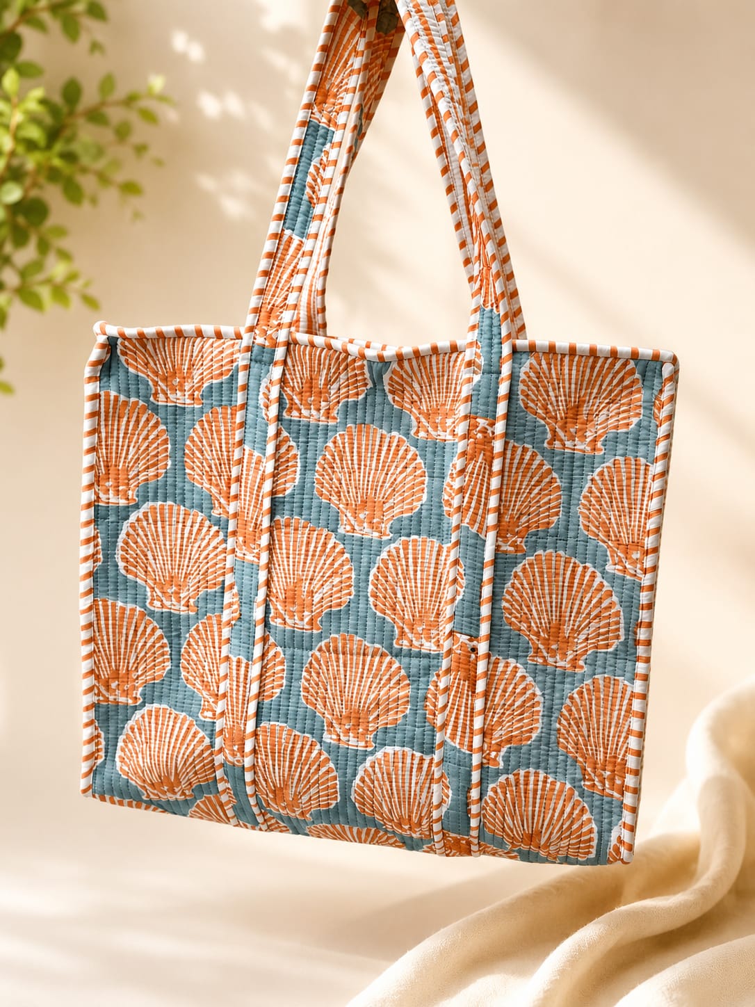 Quilted Cotton Seashell Tote Bag