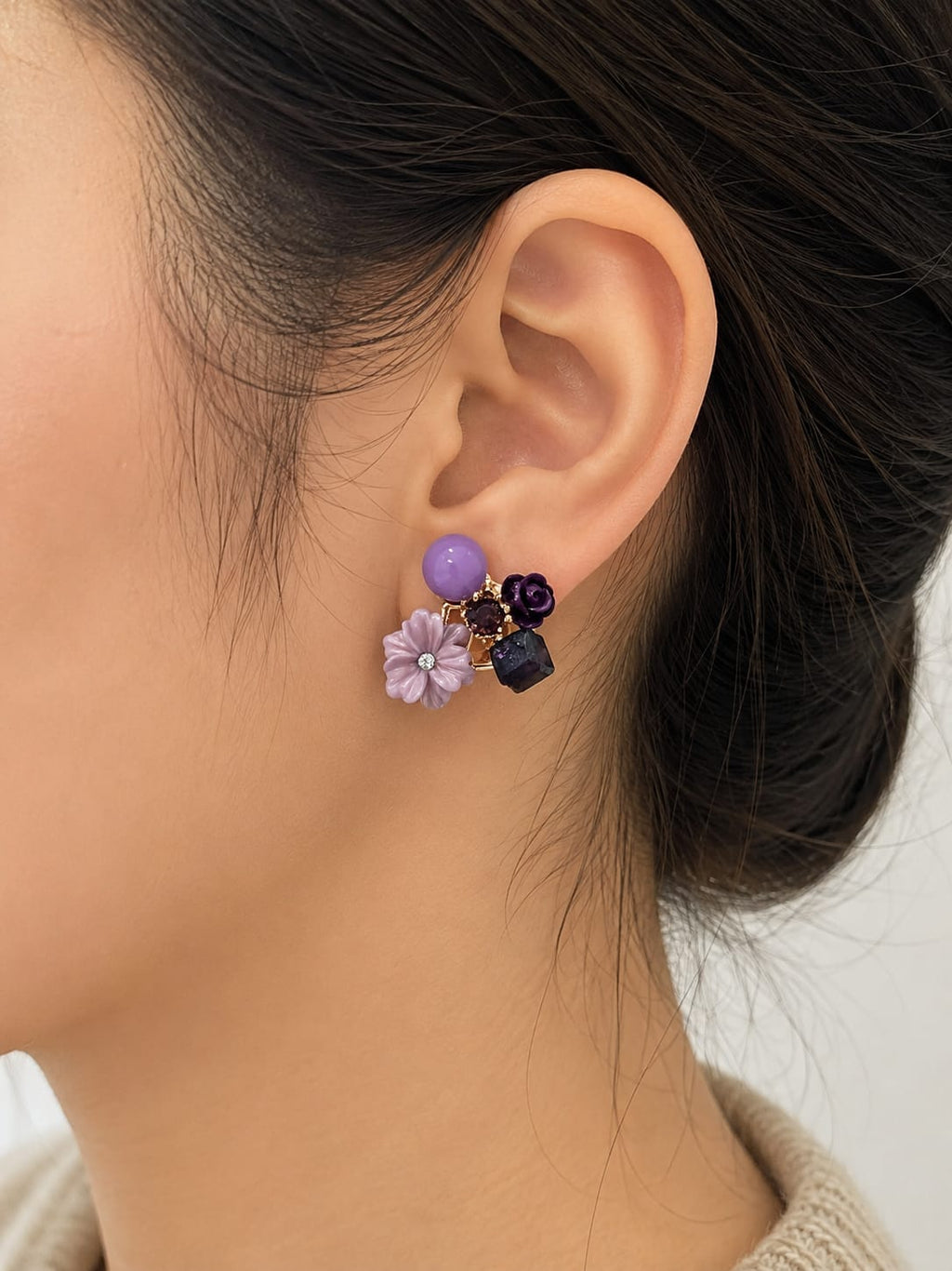 Floral Cluster Statement Earrings – Purple