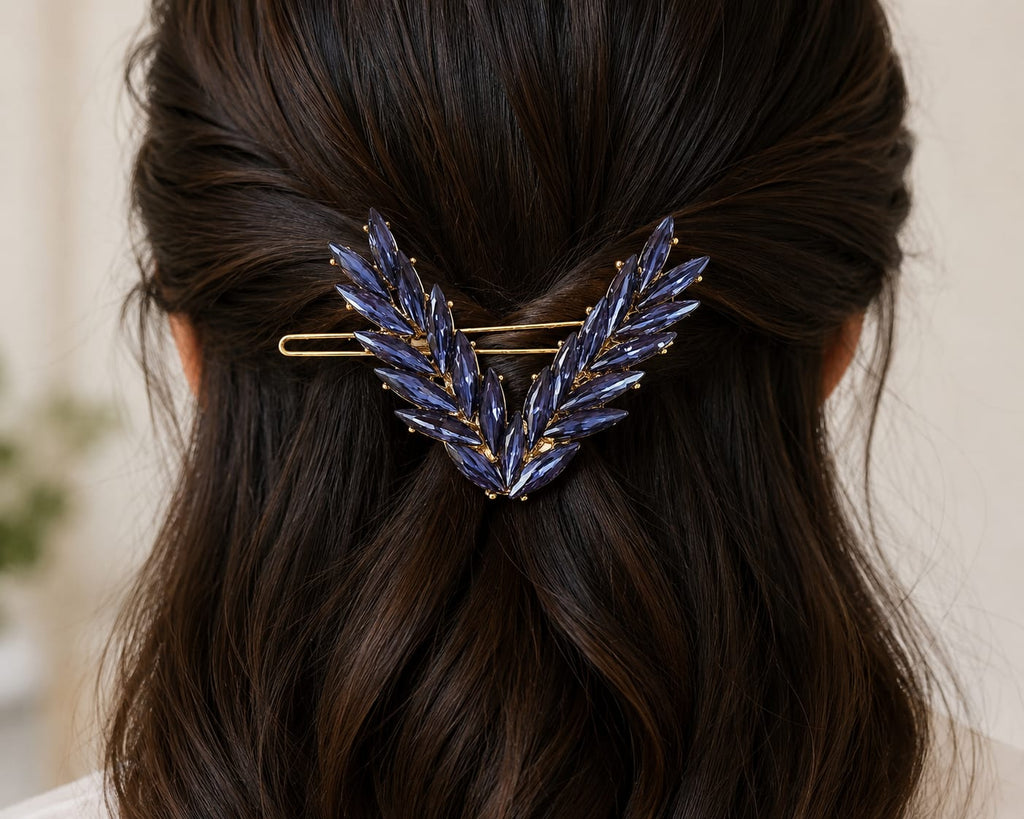 Elegant Blue Crystal Leaf Hair Barrett