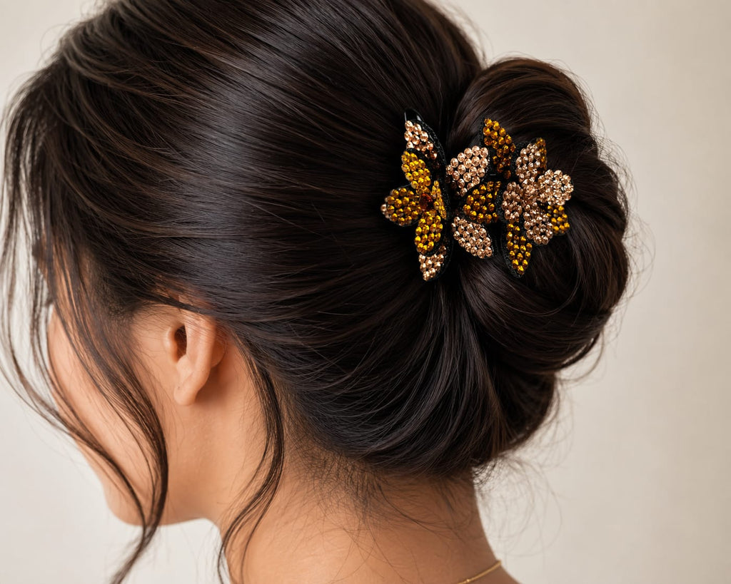Elegant Amber Floral Rhinestone Hair Claw Clip