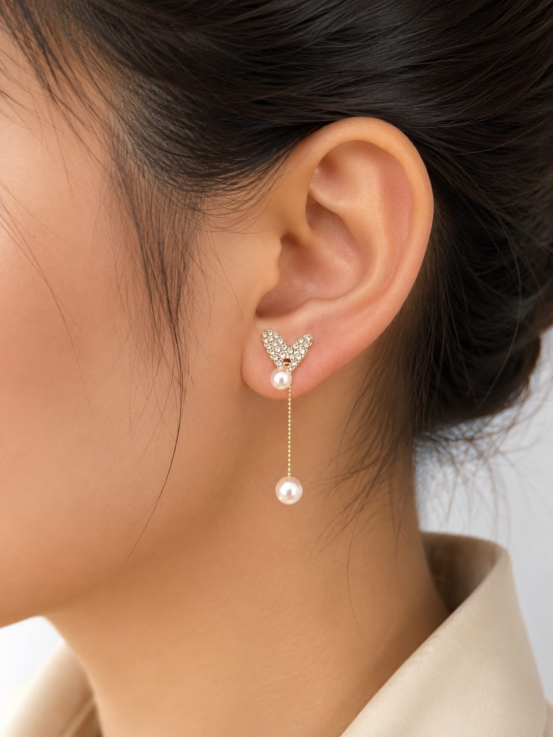 Crystal Heart Pearl Drop Earrings