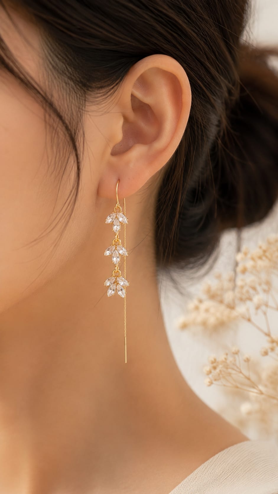 Elegant Crystal Leaf Threader Earrings