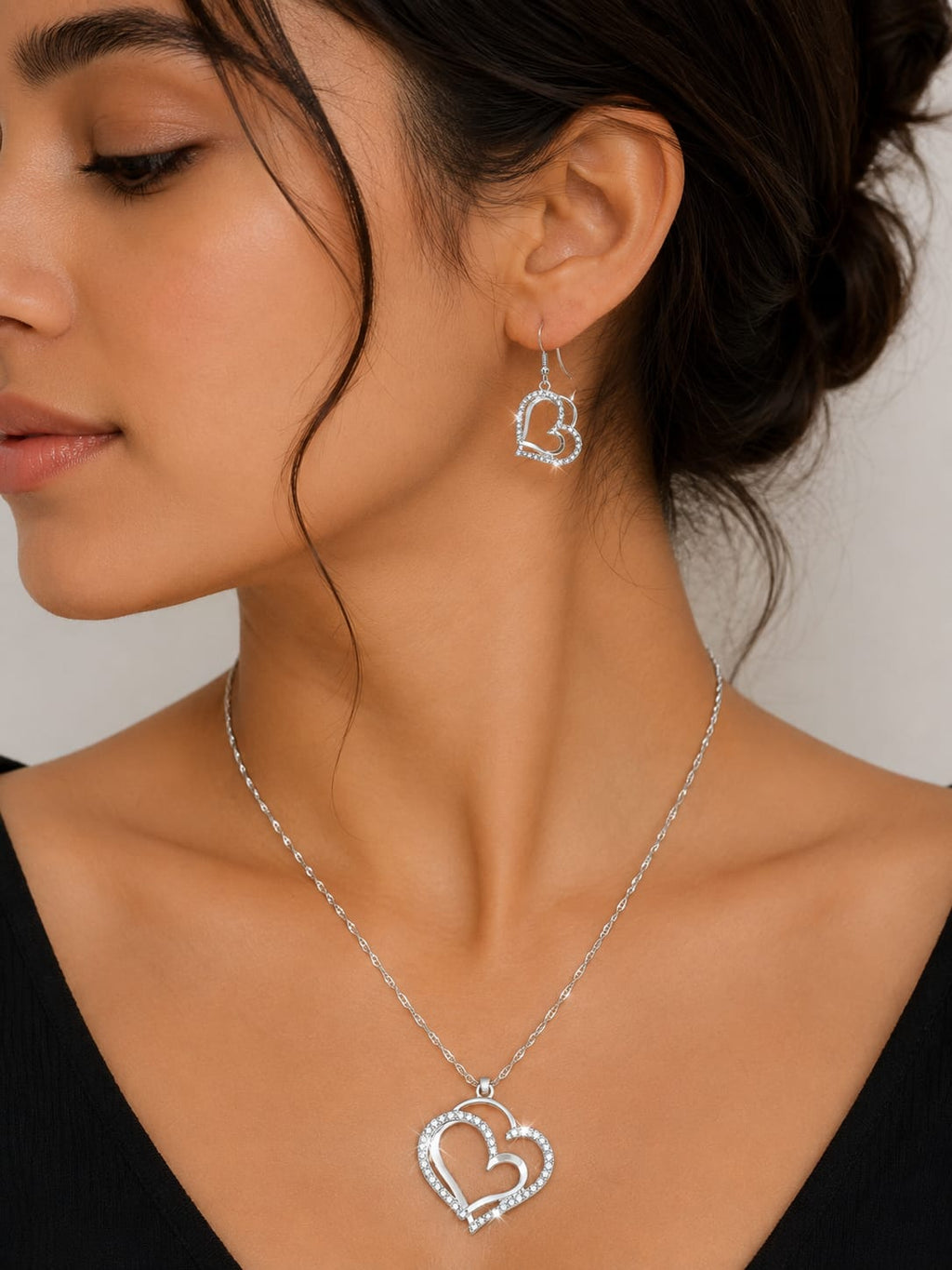 Crystal Double Heart Jewelry Set – Necklace & Earrings
