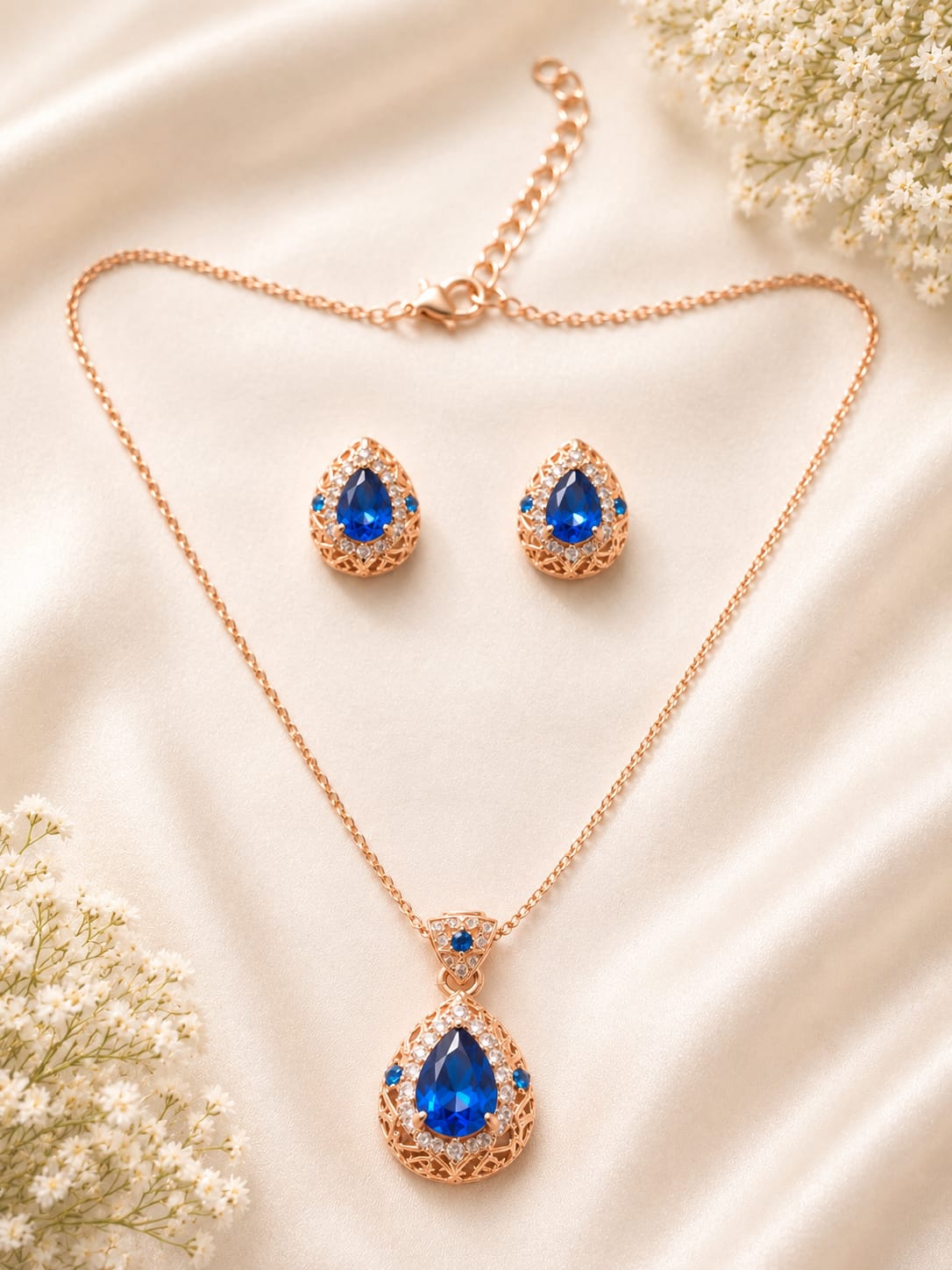 Rose Gold Blue Crystal Jewelry Set – Necklace & Earrings