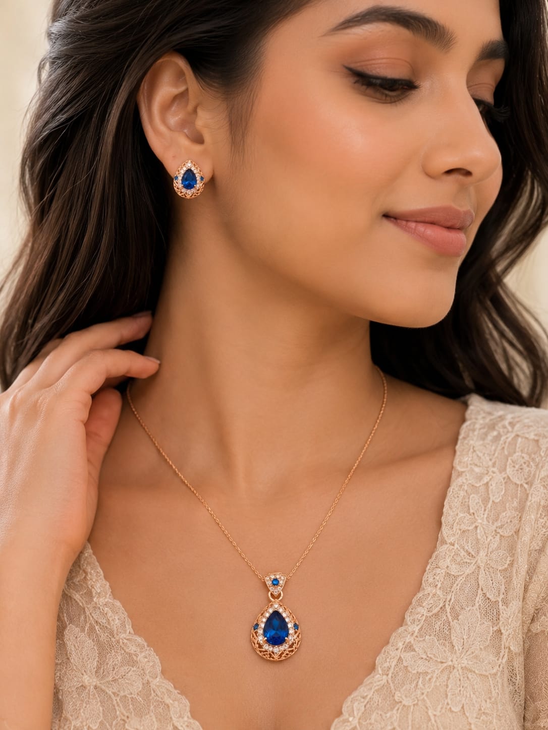 Rose Gold Blue Crystal Jewelry Set – Necklace & Earrings